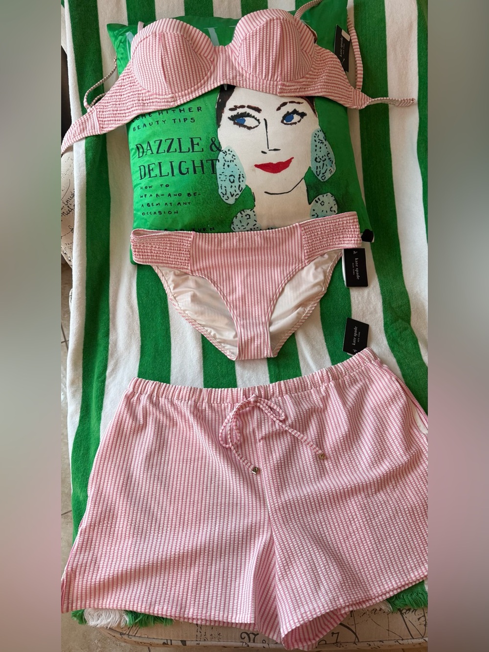 🛍️🛍️ BRAND NEW!!  KATE SPADE 3-PC PINK & WHITE PRINT BIKINI SET w/SHORTS 🛍️🛍️